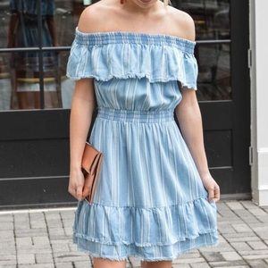 BB DAKOTA Coco Striped Chambray Tencel Mini Dress Off The Shoulder Small